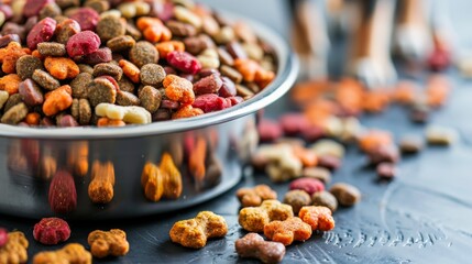 Multicolored dry dog food in a reflective metal bowl on a slate surface. Nutritious and diverse kibble mix for dogs. Hearty meal for pets with a variety of dry food shapes and colors. - obrazy, fototapety, plakaty