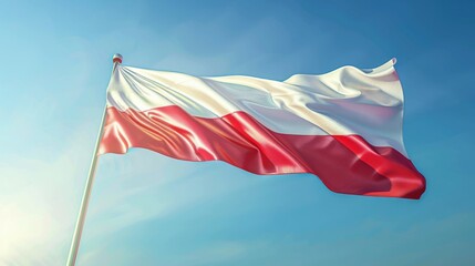 Polish flag waving proudly against a clear blue sky. Vibrant red and white of the national Polish flag fluttering in the wind. Symbol of Polish pride and patriotism,