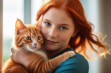 Red-haired girl hugs red kitten