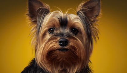 Yorkshire terrier puppy on a yellow background in the studio