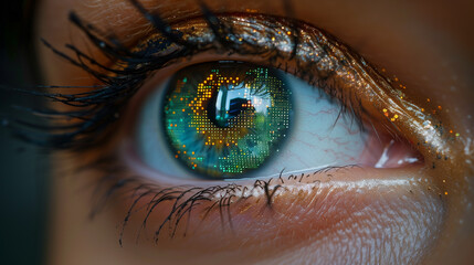A human eye with a microchip inside. - obrazy, fototapety, plakaty