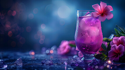 Purple cocktails with ice on the dark blue backgound with purple flowers