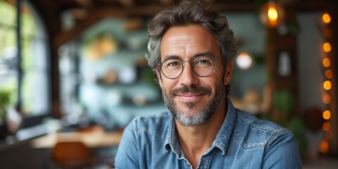 Fototapeta premium Confident mature businessman, cheerful and successful, exuding happiness, in casual attire.