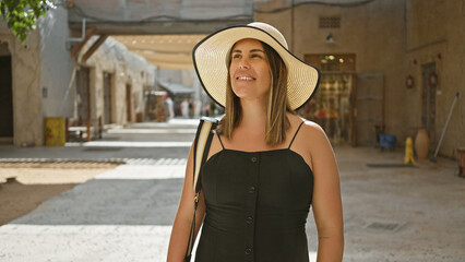 Smiling woman with a sunhat explores the traditional souq market in dubai.