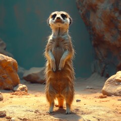 Fototapeta premium An inquisitive meerkat standing on hind legs, surveying its surroundings with a watchful gaze, showcasing the charm of small mammals. 