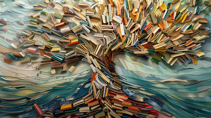 abstract creative art of a tree made with books