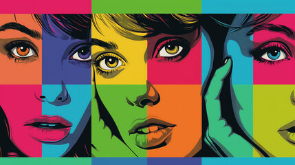 Pop art collage of multicolored female faces.