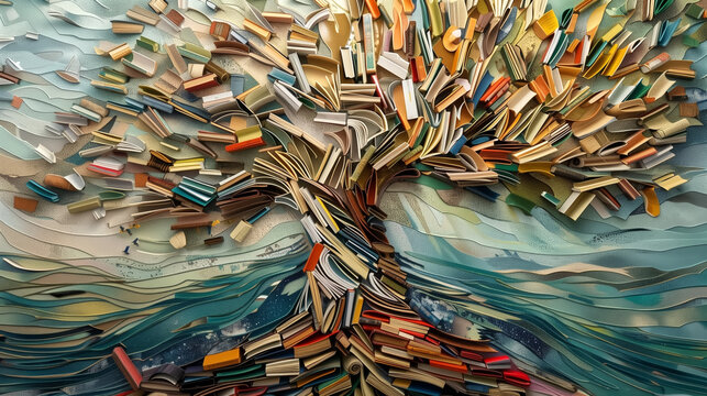abstract creative art of a tree made with books