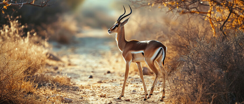 Banner of a gazelle on blured nature background, with empty copy space	
