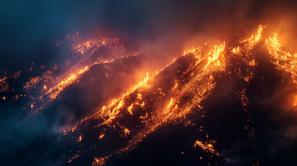 Wildfire raging on a mountain at night. - obrazy, fototapety, plakaty