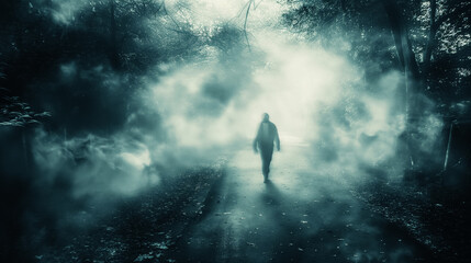 Silhouette in misty forest path, mystical mood. - obrazy, fototapety, plakaty