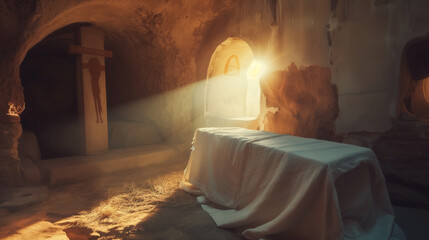 Easter Sunrise Empty Tomb, Shroud Cross Resurrection of Jesus Christ Biblical Symbolism