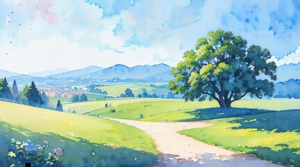 水彩画背景_日本の田舎の景色_01