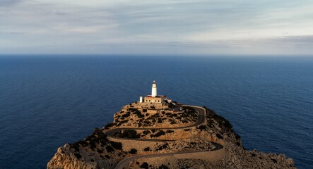 panorama view of the Cap de Formentor lighthouse on Mallorca in warm evening light