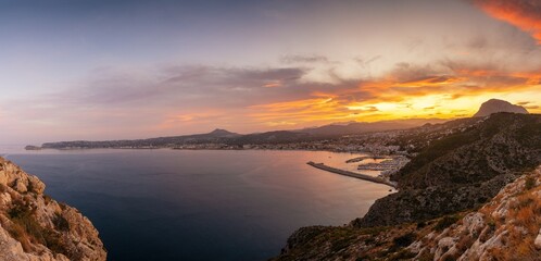 panorama landscape of Javea Bay and port in Alicante Province at sunset