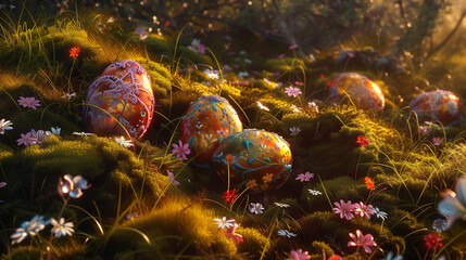 Painted Easter Eggs in Spring Still Life: Moss, Wildflowers, Soft Sunlight