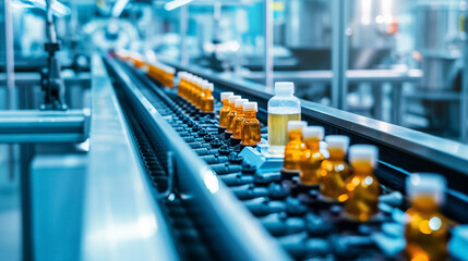 Medicine bottles on a production line.