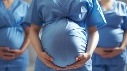 Pregnant women in blue scrubs holding bellies.