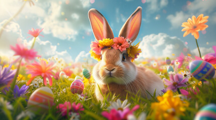 easter bunny with easter eggs Playful Springtime Fun in a Vibrant Meadow with Colorful Eggs