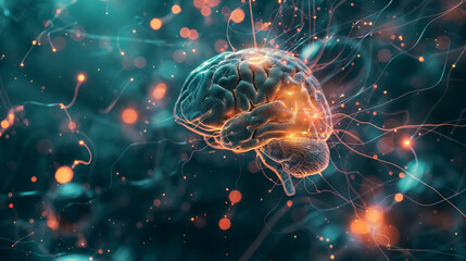 Illuminated brain concept with neural network. - obrazy, fototapety, plakaty