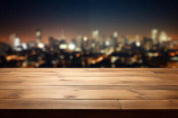 Empty wooden table top with blur background of night nature skyline, city, town.