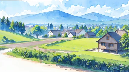 Foto op Canvas 水彩画背景_日本の田舎の景色_03 © Camellia Studio	