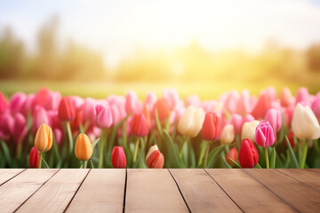 Empty wooden table top with blur background of tulips flowers. Mother's day, independence woman's day .