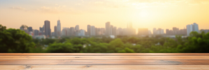 Empty wooden table top with blur background of nature skyline, city, town.