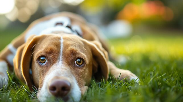 Relaxed dog lying on grass looking calm.