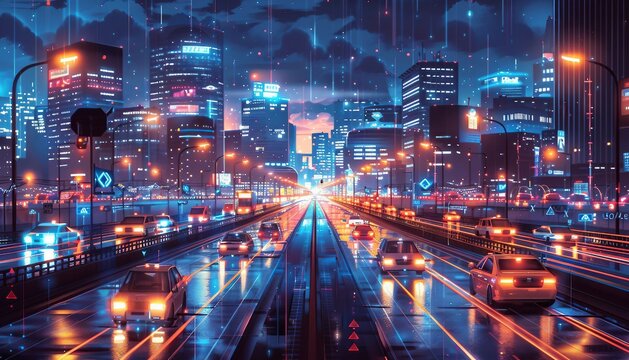Smart Cities Powered by AI, smart city initiatives with an image depicting AI-enabled urban infrastructure, such as intelligent traffic management,  AI