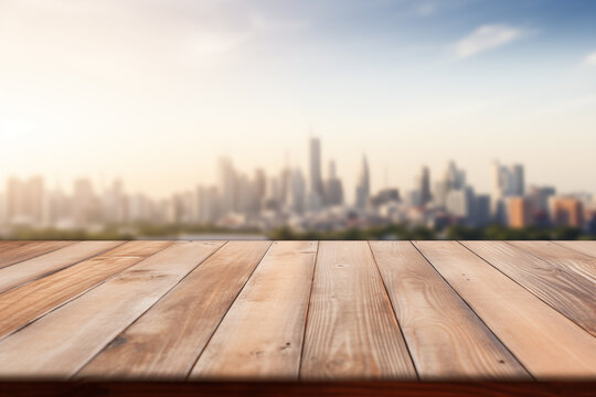 Empty wooden table top with blur background of nature skyline, city, town.