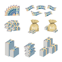 Belize Dollar Vector Illustration. Huge packs of Belizean money set bundle banknotes. Bundle with cash bills. Deposit, wealth, accumulation and inheritance. Falling money 100 BZD