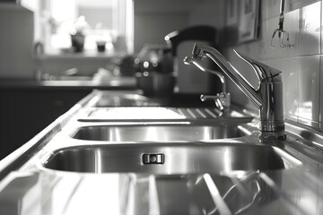 A spotless and gleaming stainless steel kitchen sink with a faucet up close. Concept Kitchen sink, Stainless steel, Faucet, Gleaming, Spotless