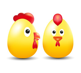 Easter eggs characters. Yellow 3D eggs. Cute chicks characters. Happy easter. Isolated vector illustration