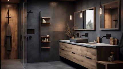 Fototapeta premium Beautiful contemporary modern bathroom with gray titanium cement walls