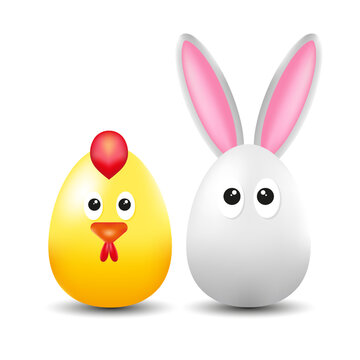 Easter eggs characters. Yellow and white 3D eggs  with beak and scallop and bunny ears. Cute chick and bunny characters. Happy easter. Isolated vector illustration