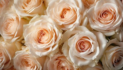 Backdrop of creamy roses flowers, wedding background, top view