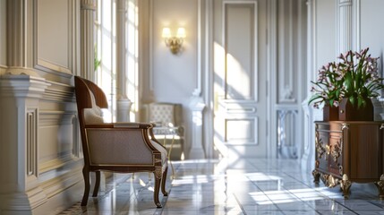 Fototapeta na wymiar Interior of hallway with armchair, table and door