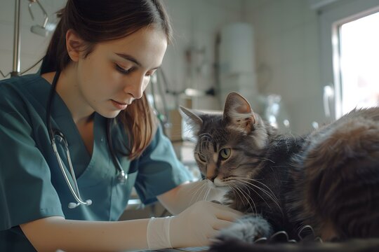 Female vet nurse examining a cat during a routine checkup in a veterinary clinic. Concept Veterinary clinic, Cat health check, Female vet nurse, Routine examination, Animal care