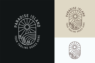 Island line logo with sunset illustration design, wave emblem design on dark and light background