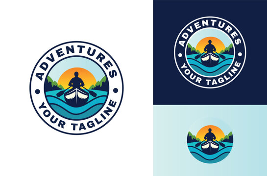 Kayak silhouette illustration of man holding paddle adventure emblem emblem with sunset design template