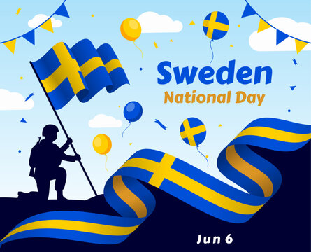 Sweden national day banner with geometric retro icons and Swedish flag map color scheme