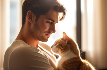 Handsome young man hugs red cat