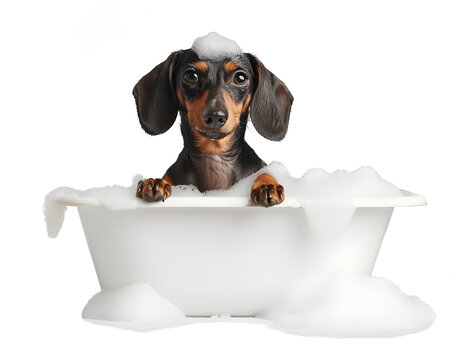 Cute little Dachshund dog in a bath with foam, isolated on white background, cute pet concept, realistic 3D illustration, generative ai - Powered by Adobe