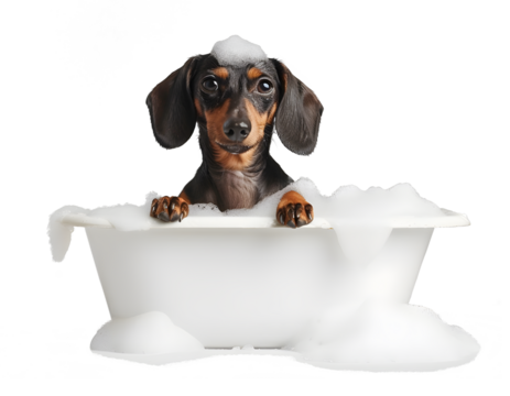 Cute little Dachshund dog in a bath with foam, isolated on white background, cute pet concept, realistic 3D illustration, generative ai