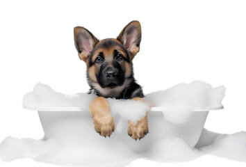 Cute little German Shepherd dog in a bath with foam, isolated on white background, cute pet concept, realistic 3D illustration, generative ai