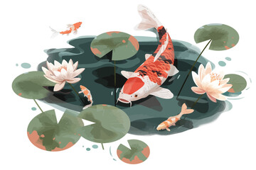 Koi Pond With Blooming Water Lilies isolated vector style