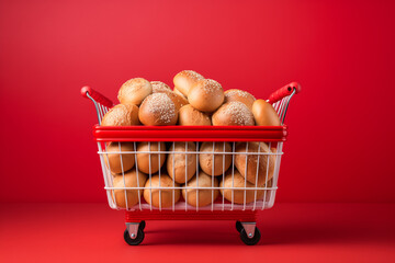 Grocery cart filled with bread, on a red background