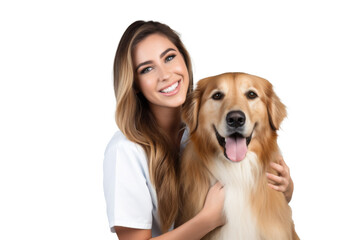 Portrait of beautiful Veterinarian women hugging cute dog with smile and hppiness isolated on background, lovely moment of pet and owner.