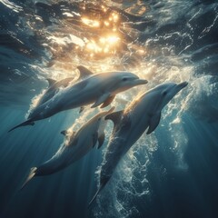 An underwater photograph of a playful pod of dolphins swimming gracefully, capturing the dynamic and joyful nature of marine life - obrazy, fototapety, plakaty